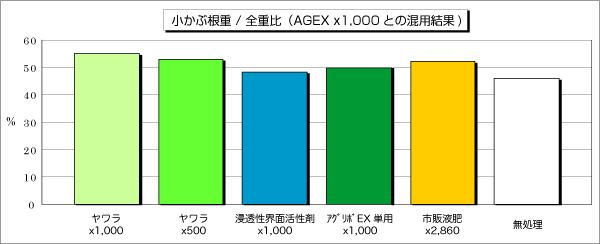小かぶ根重 / 全重比（アグリボEX x1,000 との混用結果）